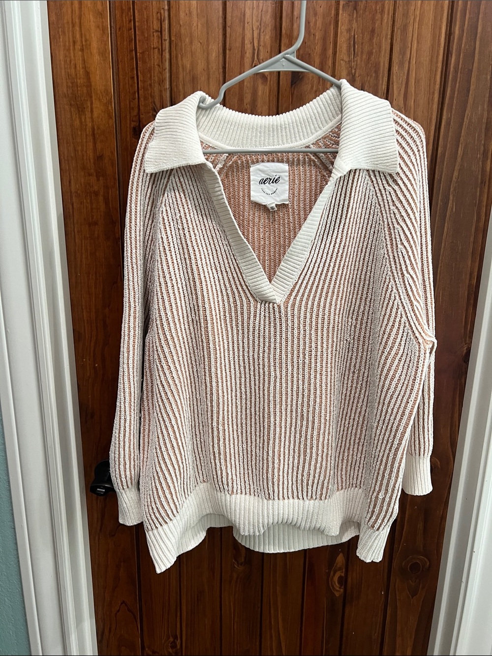 aerie Cream and brown Striped Collared V-Neck Sweater